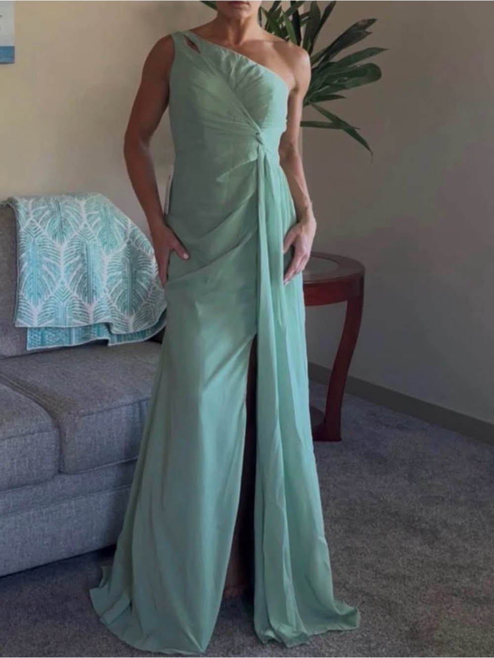 One-Shoulder Sage Green Evening Dress